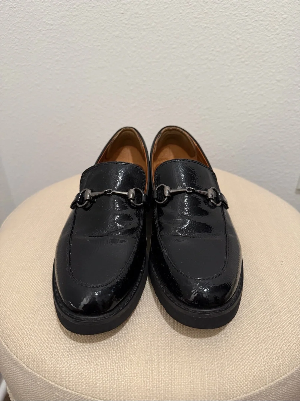 Franco Sarto Black Patent Leather Bit Loafers